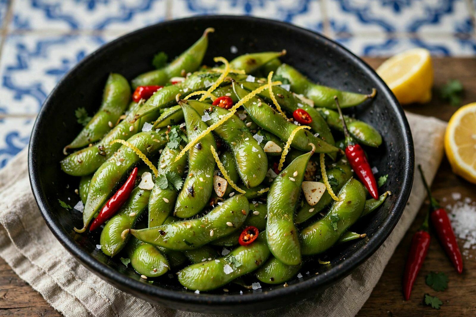 Edamame Salteado com Piri-Piri e Raspa de Limão