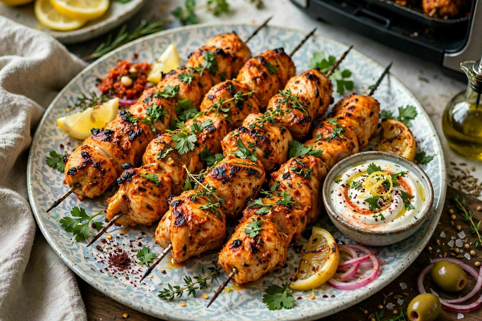 Espetada de Frango com Iogurte, Limão e Harissa na Airfryer