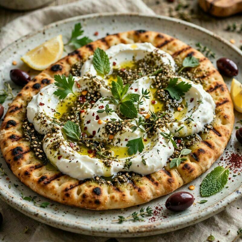 Flatbread Sourdough com Zaatar e Labneh