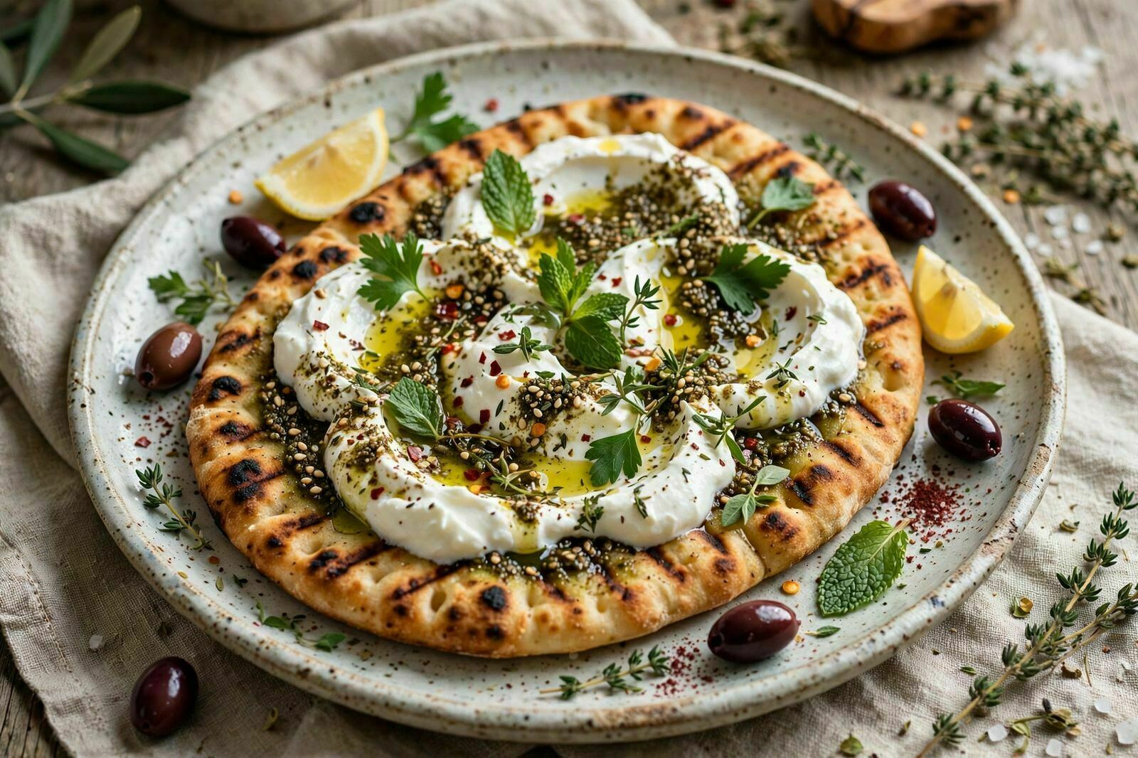 Flatbread Sourdough com Zaatar e Labneh