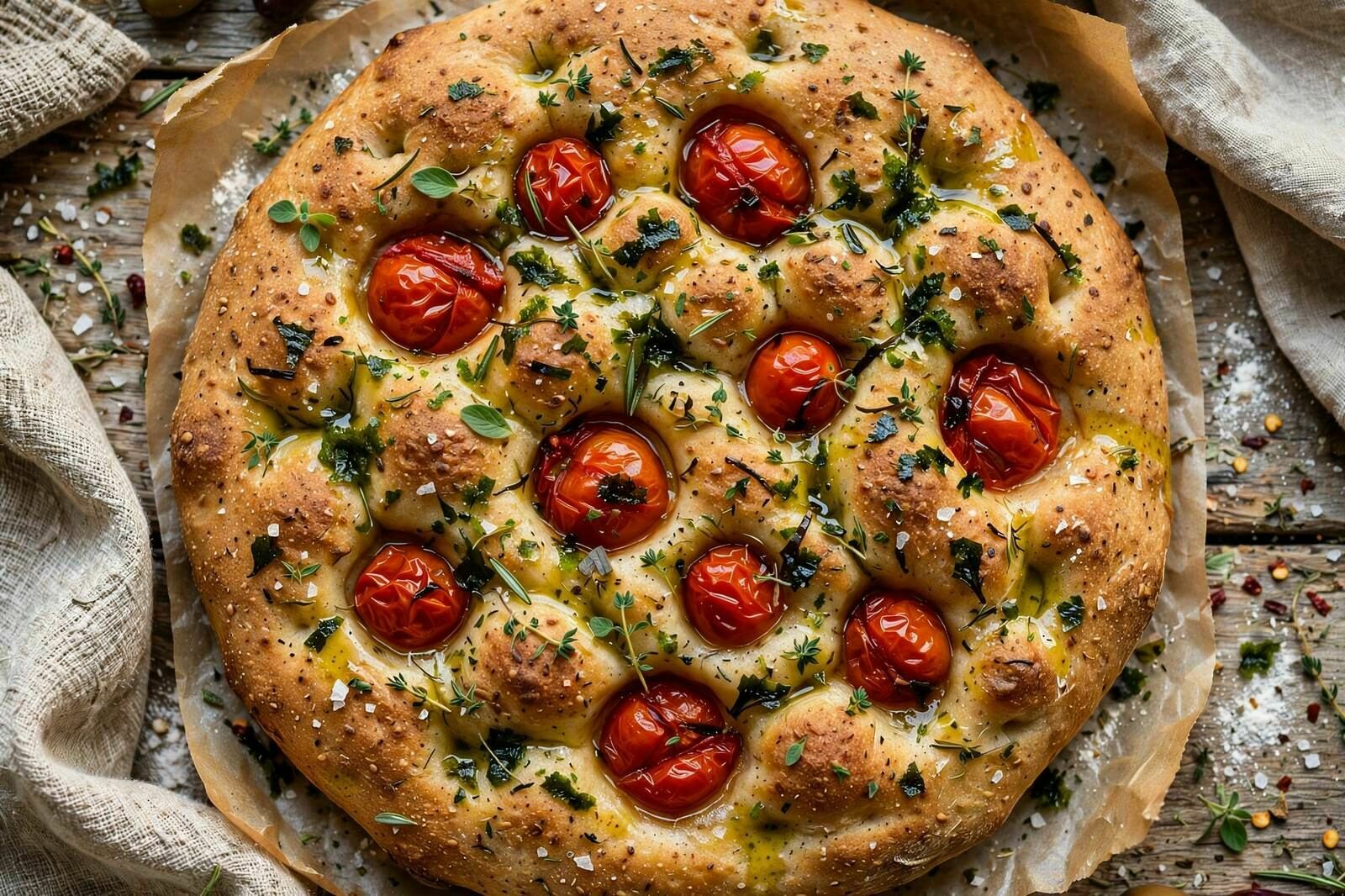 Focaccia de Farinha Antiga com Tomate Confit e Algas