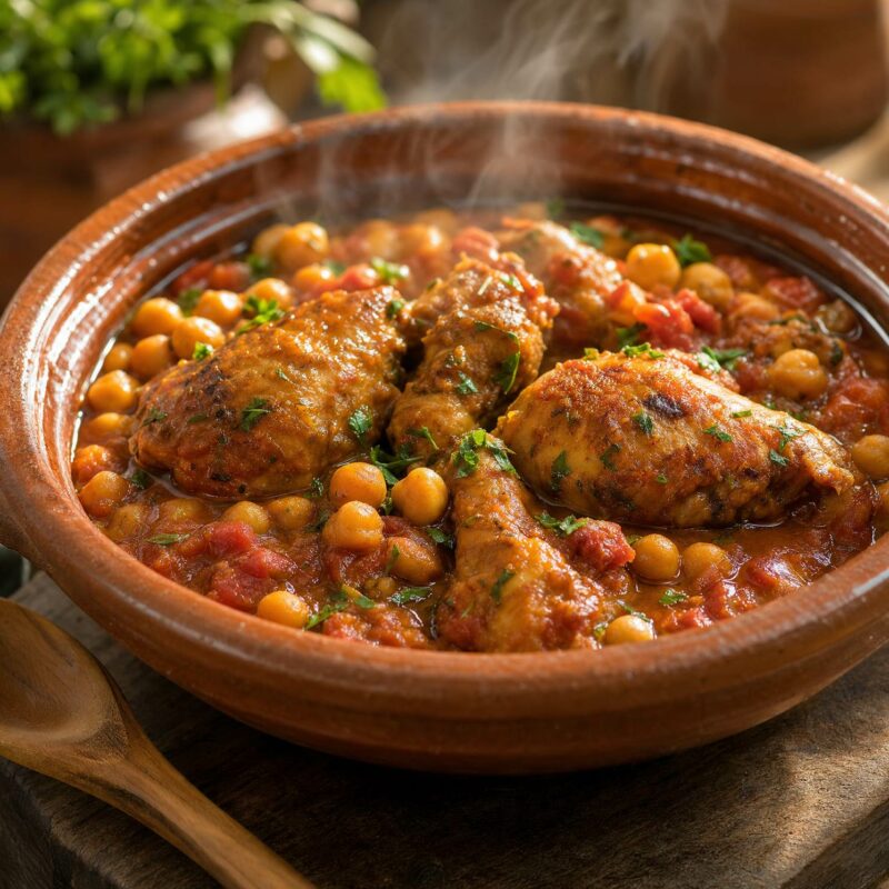 Frango estufado com grão de bico e tomate maduro