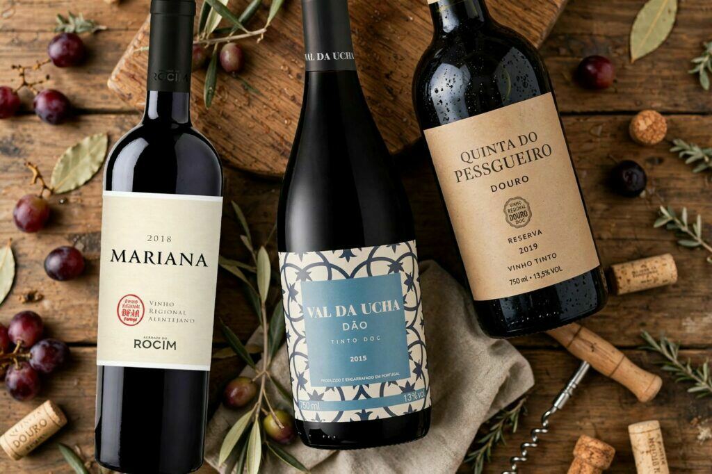 Fila de garrafas de vinho português com rótulos variados