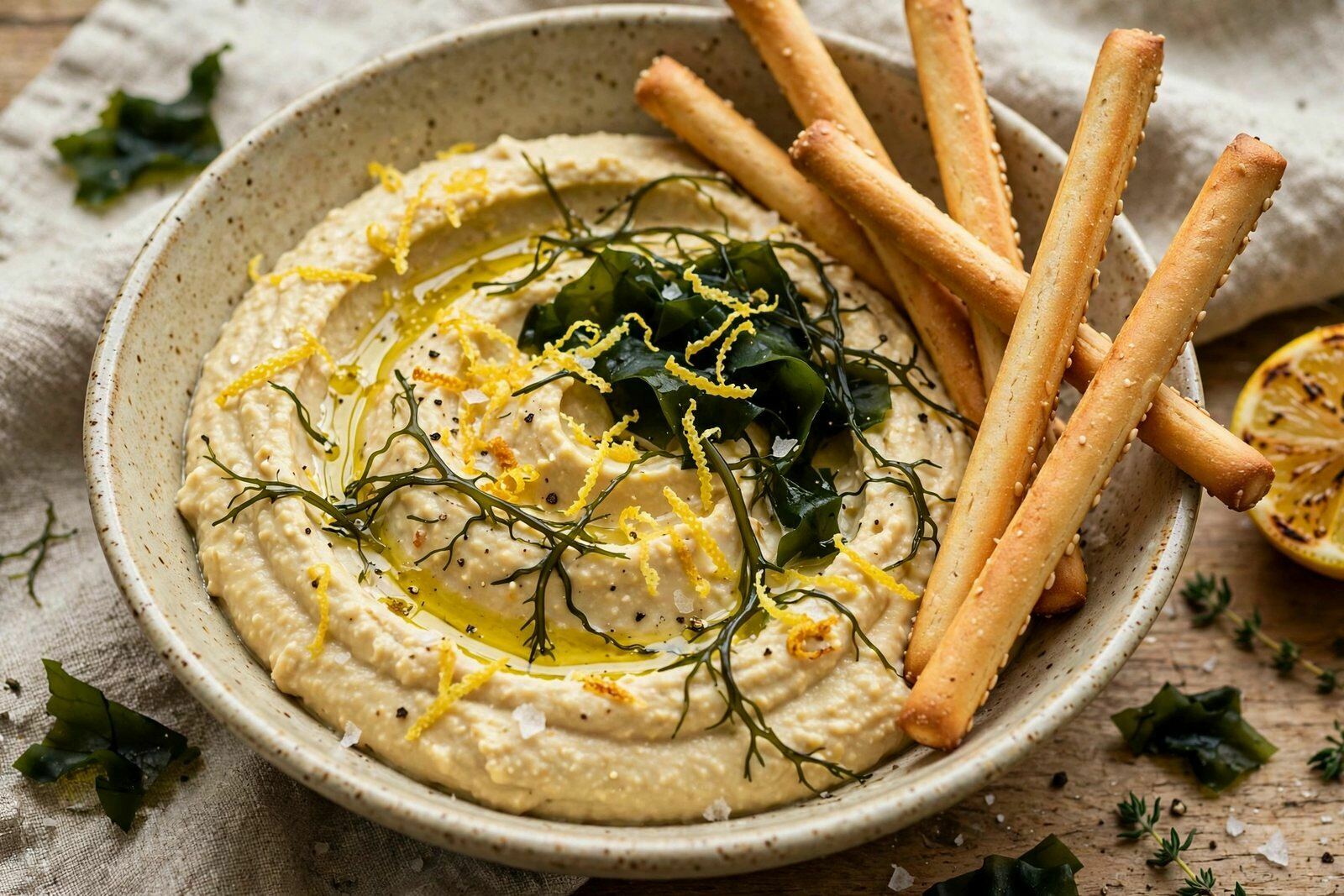 Hummus de Grão com Algas Wakame e Limão Fumado