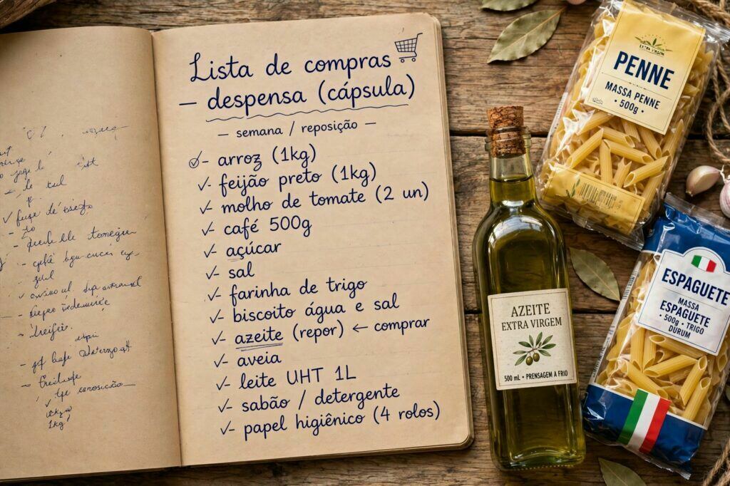 Lista de compras junto a ingredientes base da despensa portuguesa