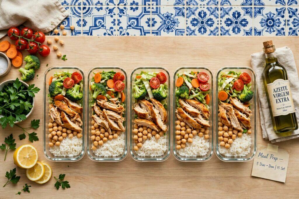 Caixas de meal prep organizadas vistas de cima