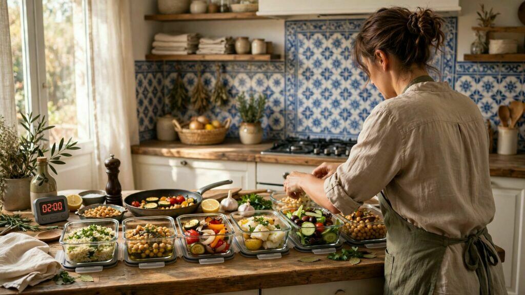 Preparação de meal prep ao domingo com várias caixas