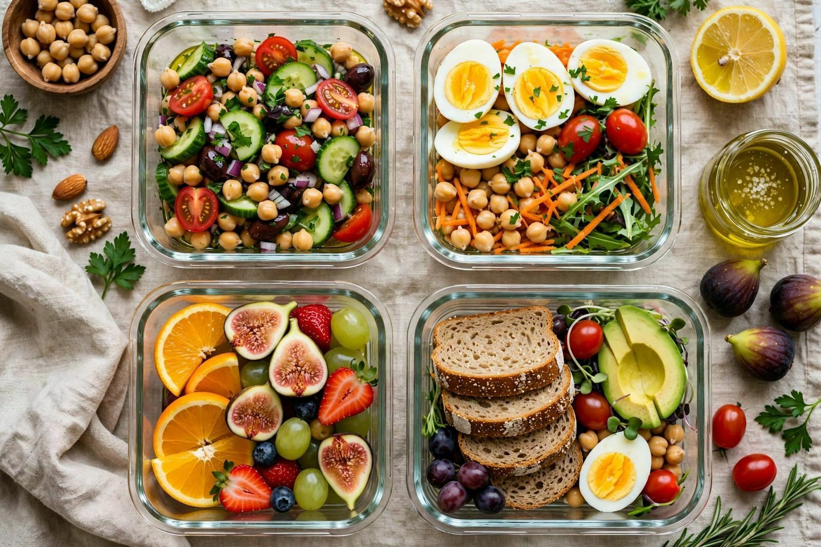 Caixas de meal prep semanal com frango, arroz e legumes