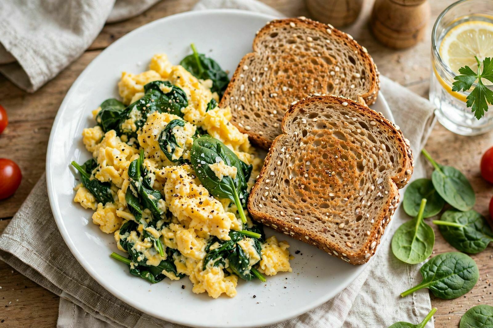 Ovos mexidos com espinafres servidos num prato para o pequeno-almoço