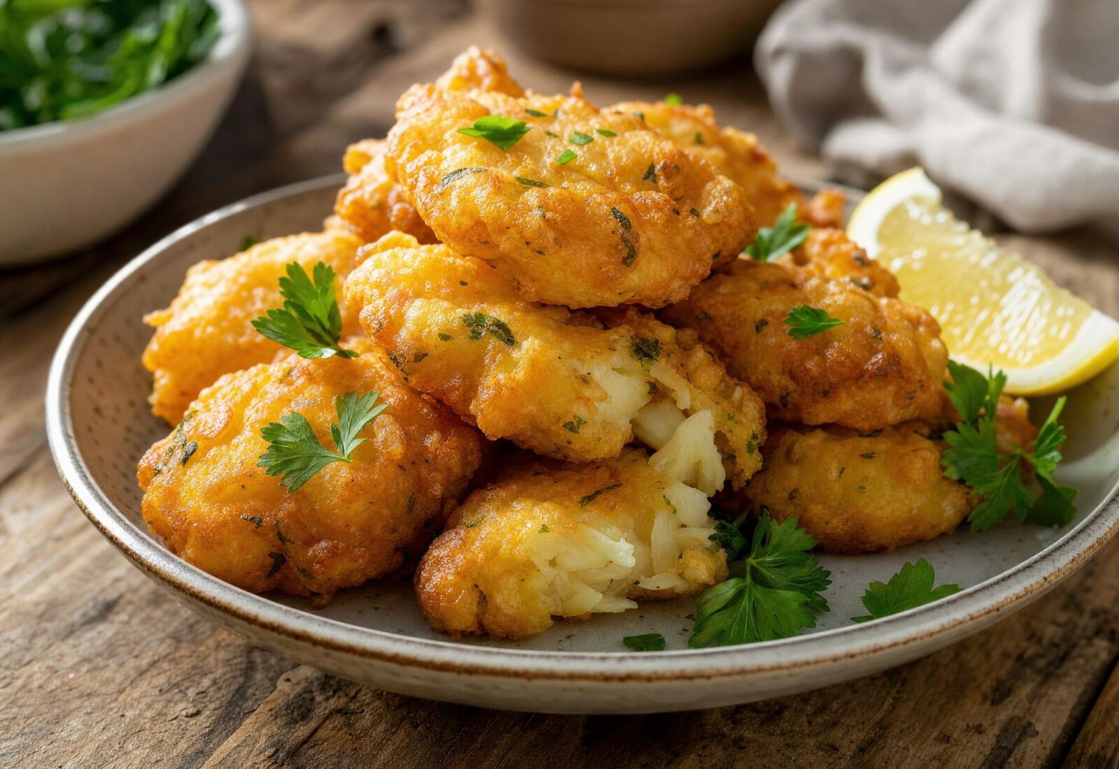 Pataniscas de bacalhau leves fritas em frigideira antiaderente