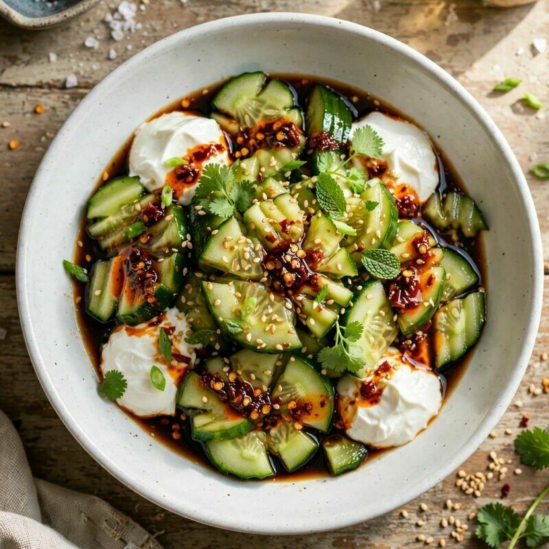 Pepino Esmagado Asiático com Soja, Sésamo e Chili Crisp