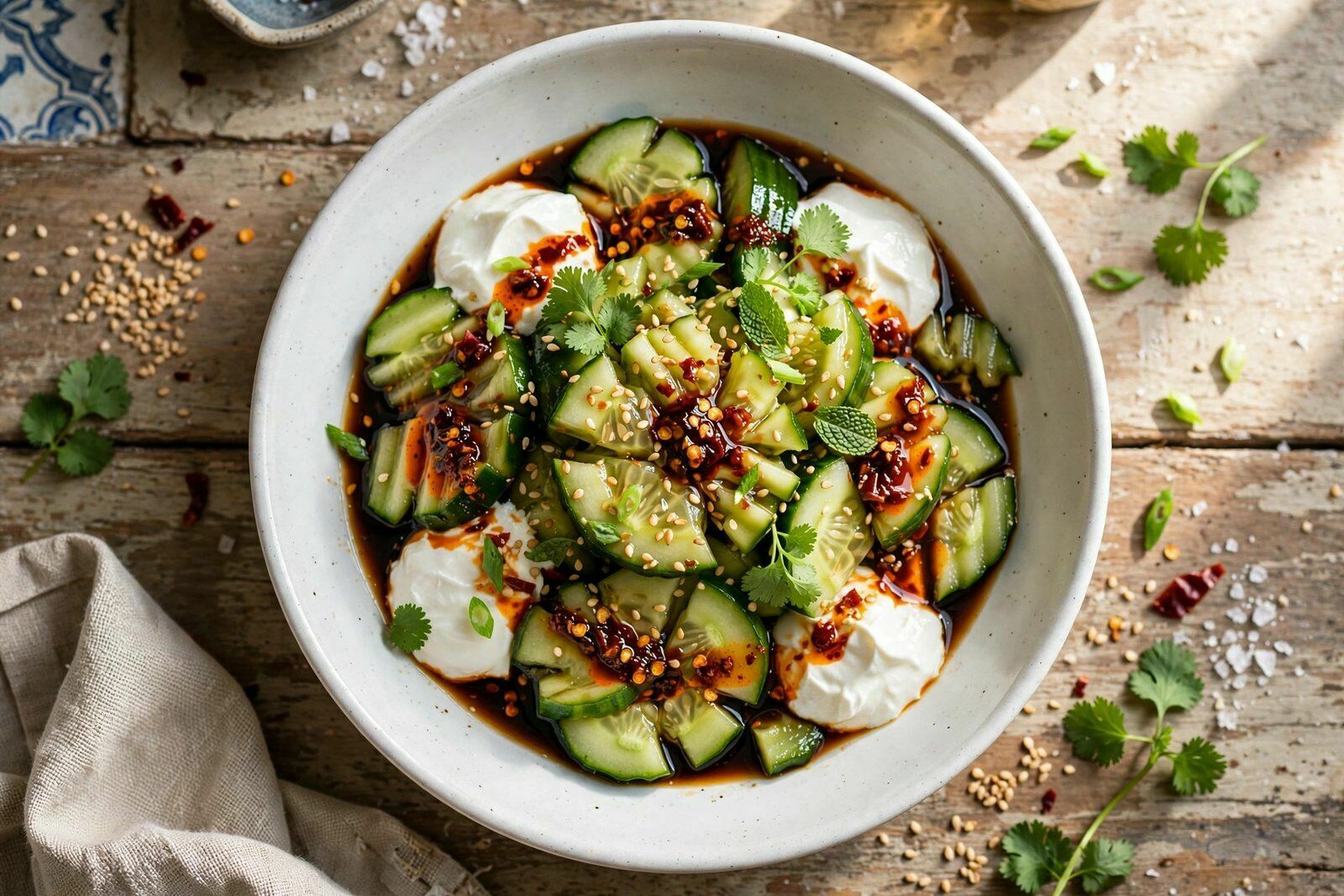 Pepino Esmagado Asiático com Soja, Sésamo e Chili Crisp