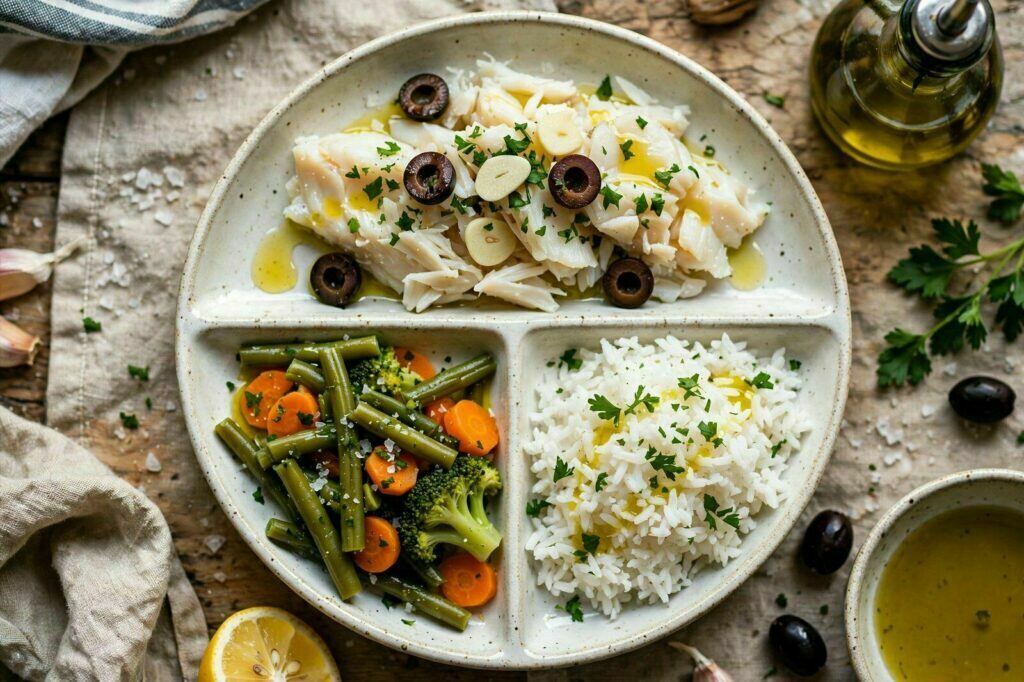 Prato equilibrado com peixe, arroz e legumes cozidos