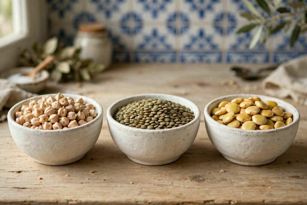 Tigelas de grão-de-bico, lentilhas e tremoço crus, prontos para demolha