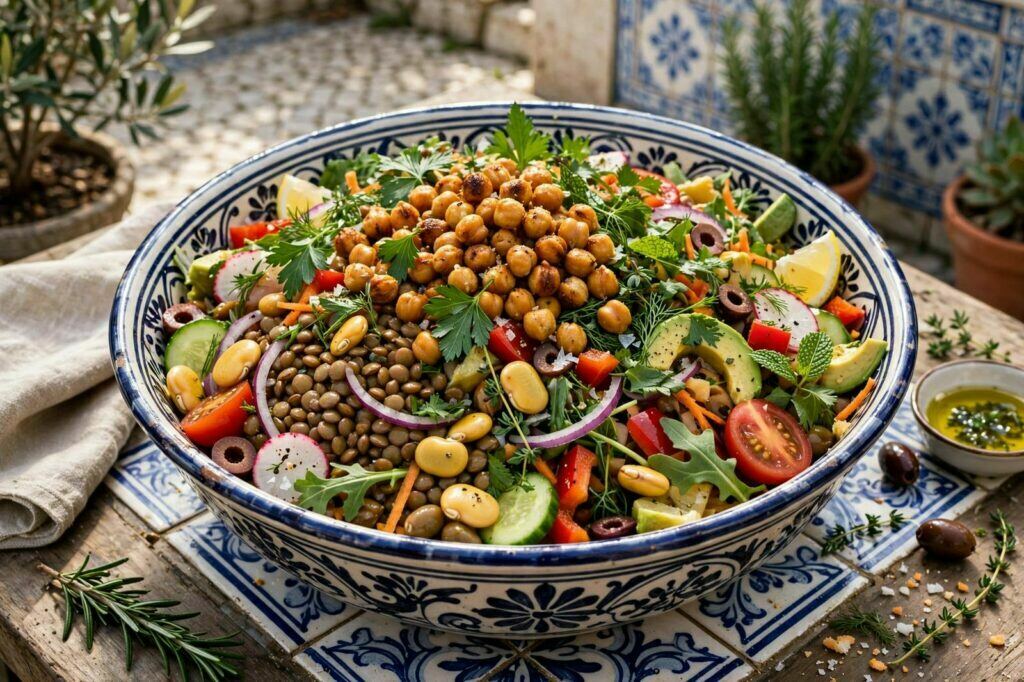 Salada de leguminosas temperada com azeite, tomate e ervas frescas