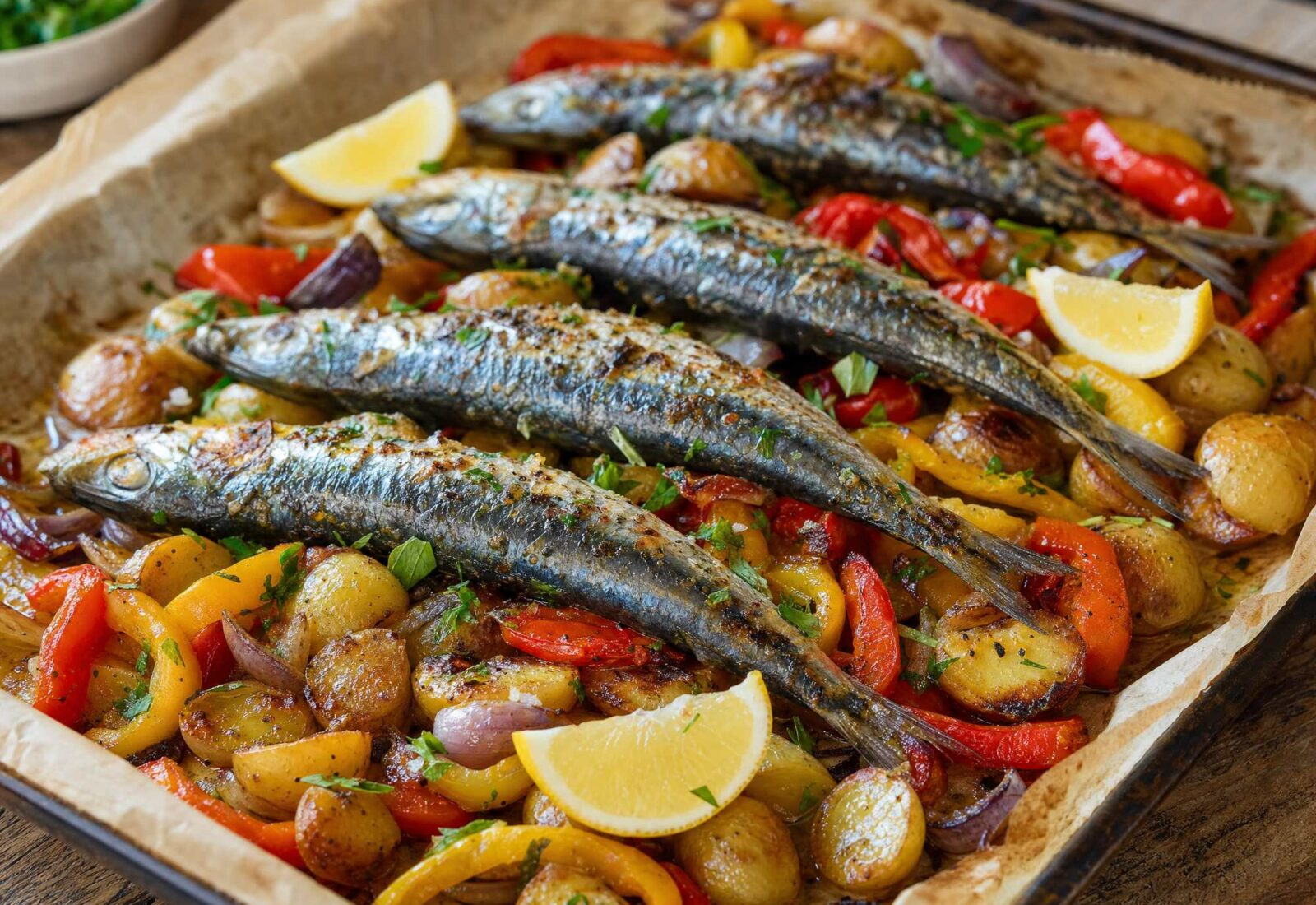 Sardinhas assadas no forno com batata nova e pimentos, servidas com limão
