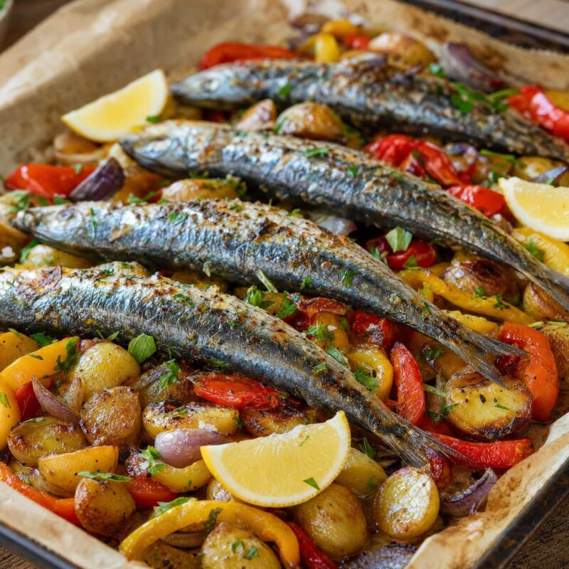 Sardinhas no forno com batata nova e pimentos assados