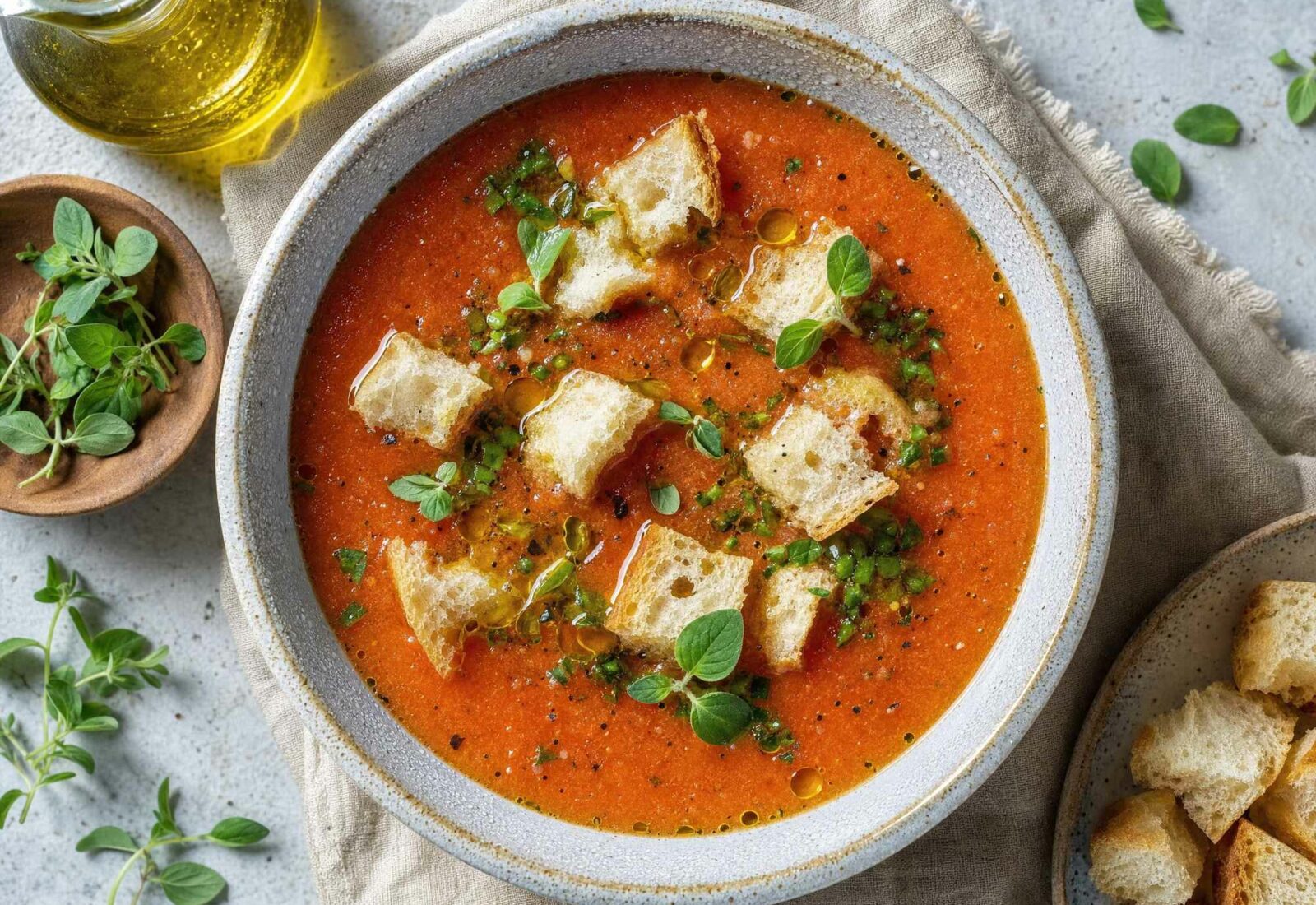 Sopa fria de tomate e pimento com cubos de pão alentejano e orégãos