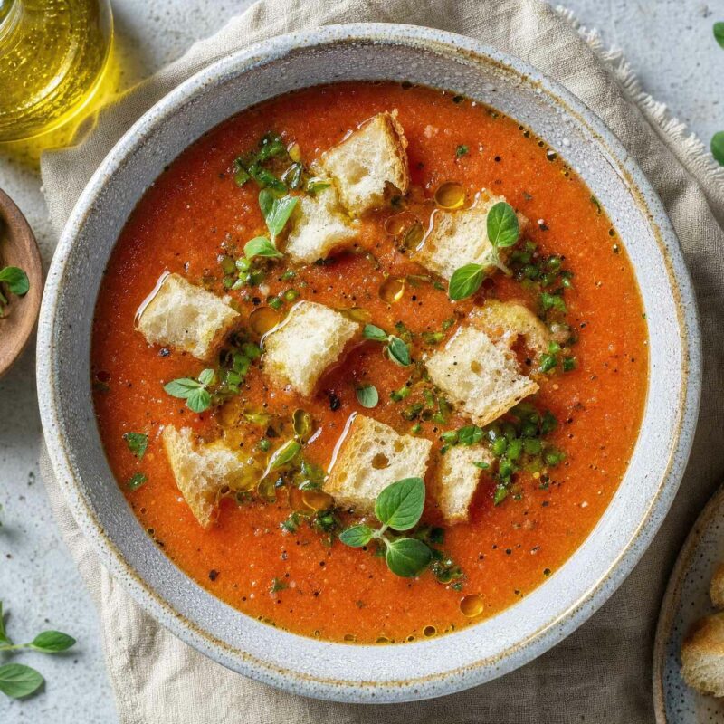 Sopa fria de tomate e pimento com pão alentejano