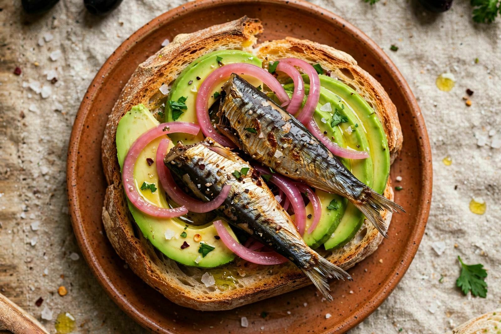 Tosta de Sardinha Fumada, Abacate e Pickles de Cebola Roxa